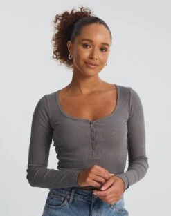 Long Sleeve Button Scoop Neck Top